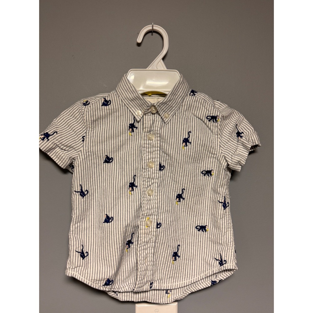 Boden Kids Monkey Embroidered Pinstripe Short Sleeve Button Down Shirt 2-3Y 98cm